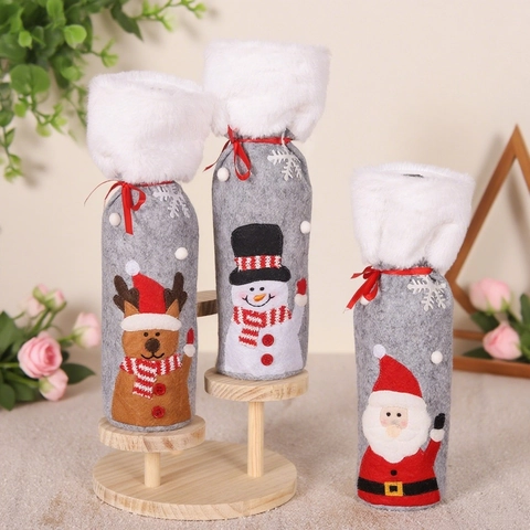 Christmas Wine Bottle Covers Felt Faux Fur Santa Snowman Reindeer Applique Holiday Dinner Table Decor Drawstring