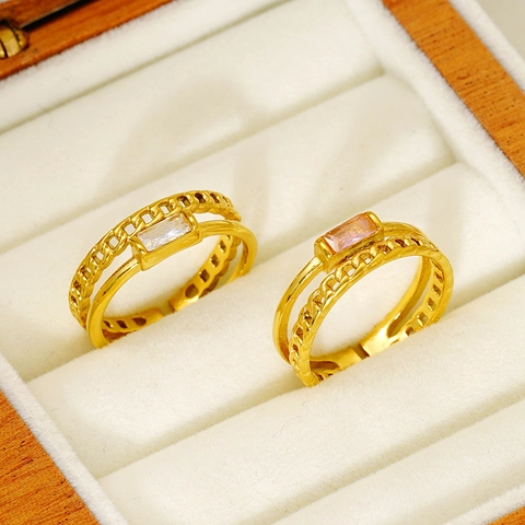 Dubbellaagse Open Ring 18K Verguld Roestvrij Staal Rechthoekige Zirkoon Kettingschakel Verstelbare Geometrische Sieraden