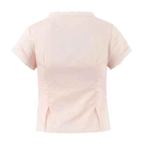Blusa Donna Maniche Corte Cotone Girocollo Bordo Pizzo Bottoni Vestibilità Aderente Rosa