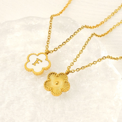 Collar Con Colgante De Flor De Cinco Pétalos Letra Inicial Acero Inoxidable Chapado En Oro 18K Joyería Mujer