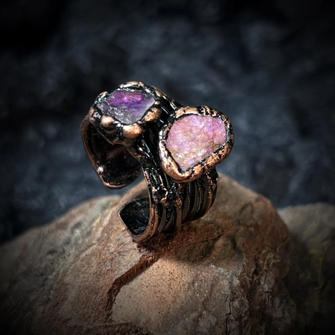 Vintage Handmade Copper Ring Natural Amethyst Rose Quartz Raw Stone Adjustable Open Ring Bohemian Women Jewelry Gift