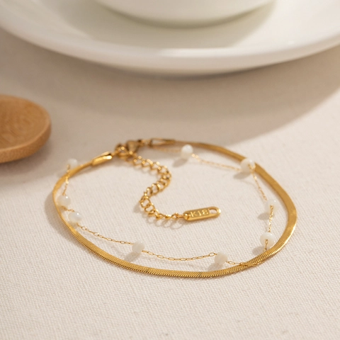 Doppelschichtige Fußkette Edelstahl 18K Vergoldet Flache Schlangenkette Runde Muschelperlen Fußschmuck Für Damen
