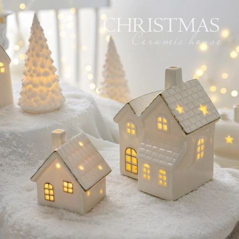 Casa In Ceramica Di Natale LED Luce Notturna Nordica Bianco Bordo Oro Albero Miniatura Decorazione Tavola