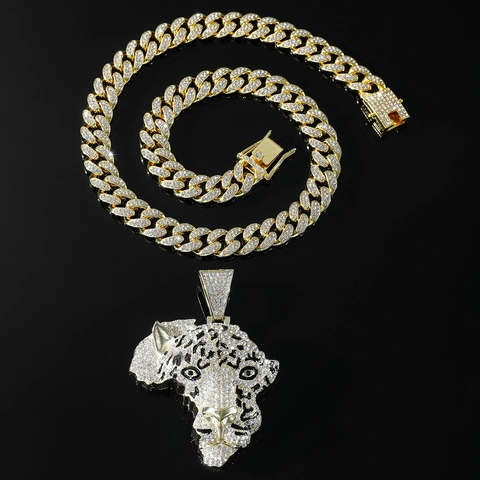 Hip Hop Leopard Head Pendant Necklace African Continent Map Alloy Rhinestone Iced Out Cuban Link Chain Men Bling Jewelry