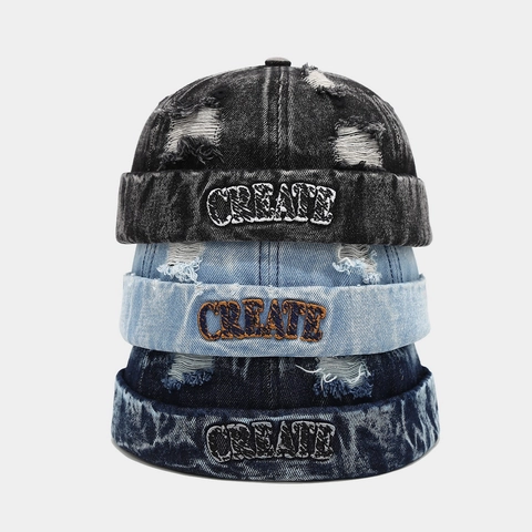 Cappello Docker In Denim Lavato Berretto Senza Visiera Distressed Ricamo Lettere Streetwear Retrò Cotone Regolabile