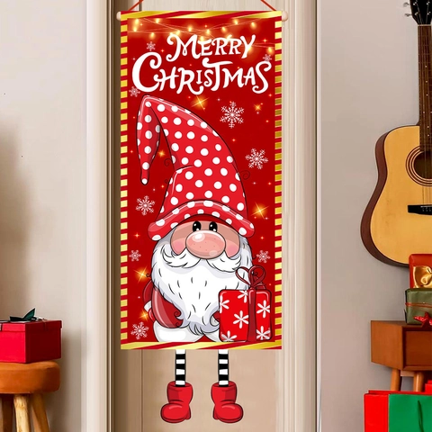 Kerst Ophangbanner Polyester Kabouter Polka Dot Hoed Merry Christmas Deurvlag Feestelijke Wanddecoratie