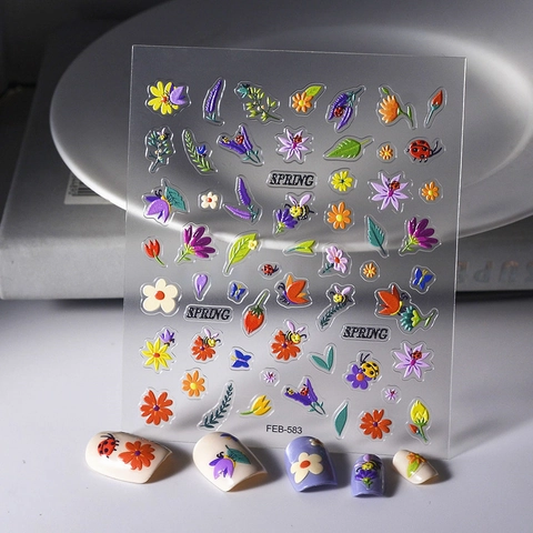5D Reliëf Nagelstickers Zelfklevend Waterdicht Bloemen Esdoornblad Planten Ontwerp Voor DIY Manicure Decoratie