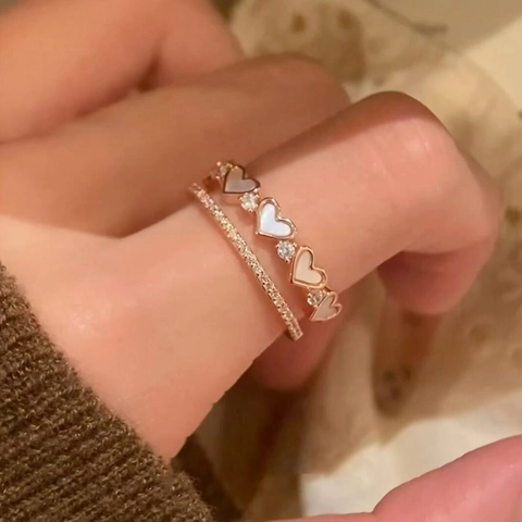 Double Layered Heart Mother Of Artificial Pearl Copper Ring With Zircon Rose Gold Plating Adjustable Elegant Jewelry For Women