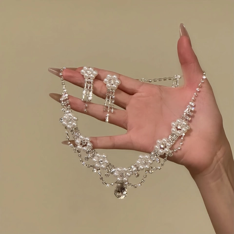 Conjunto Joyas Elegante Perla Artificial Diamante Flor Collar Pendientes Borla Lujo Retro Novia Fiesta Boda Accesorios