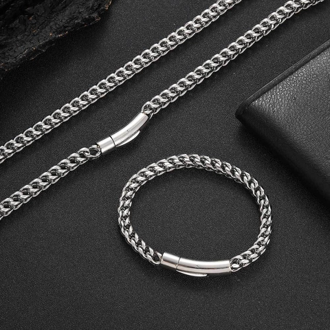 Roestvrijstalen Ketting En Armband Hip Hop Franco Tarweketting Cilindrische Drukknop Sluiting Voor Heren Dames