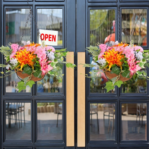 Artificial Hanging Flower Basket With Satin Chrysanthemum Dahlia Ivy Vines Coir Liner Metal Chain For Patio Wall Decor