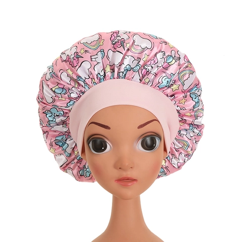 Kids Satin Sleep Bonnet Unicorn Print Nightcap With Wide Elastic Band For Hair Care Cute Soft Breathable