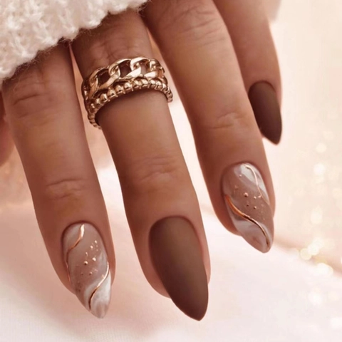 Matte Dark Brown And Marble Pattern ABS Press On Nails Long Almond Shape With Gold Line Elegant Artificial Nails For Women