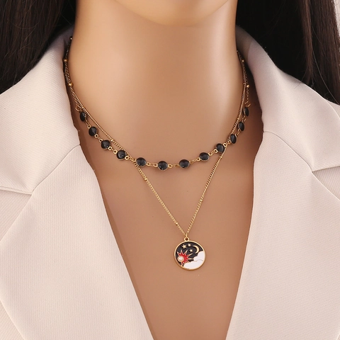 Layered Pendant Necklace Stainless Steel With Black Beaded Chain Heart Cactus Sun Moon Charms For Women