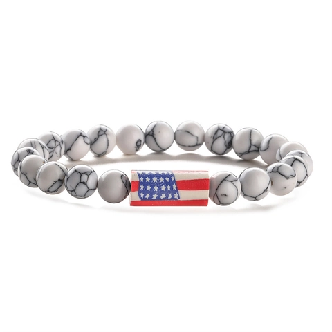 Beaded Bracelet Natural Stone US Flag Charm Patriotic Elastic Wristband Men Women Casual Accessory