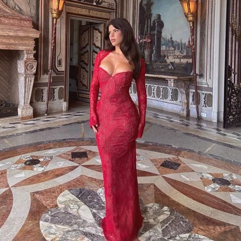 Completo Gonna In Pizzo Bolero A Maniche Lunghe E Abito A Sirena Tubo Trasparente Vestibilità Aderente Abbigliamento Da Festa Donna
