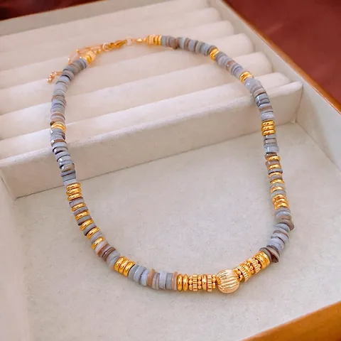 Vintage Bohemian Beaded Necklace With Grey Shell Beads Gold Alloy Copper Gear Spacers And Ball Pendant For Women