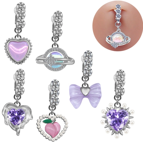 Silver Color Heart Planet Butterfly Bow Belly Rings Non Piercing Clip On Zircon Artificial Pearl Fake Body Jewelry For Women