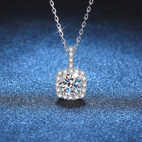 Collar de Pendiente de Plata de Ley S925 Moissanita Halo Cuadrado Corte Redondo Piedra de Alto Carbono Color D Joyería Mujer Regalo