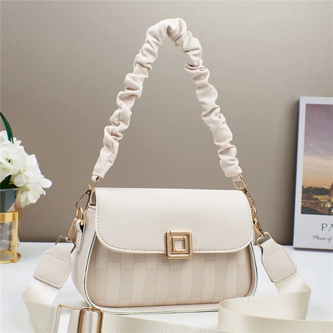 Borsa A Tracolla In Pelle PU Per Donna Texture Litchi Borsa A Mano Quadrata Con Manico Arricciato E Tracolla Larga Stile Versatile