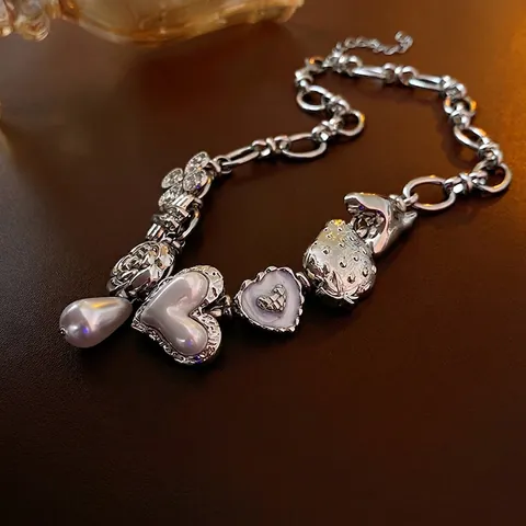 Silver Color Alloy Necklace With Enamel Heart Strawberry Rose Flower And Faux Artificial Pearl Charms Vintage Jewelry For Women
