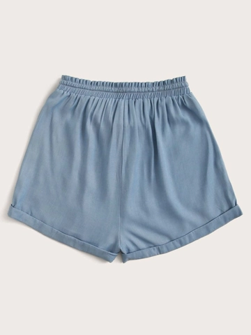 Pantalones Cortos De Talla Grande Para Mujer Azul Claro Tela De Poliéster Suave Cordón Cintura Elástica Casual Recto