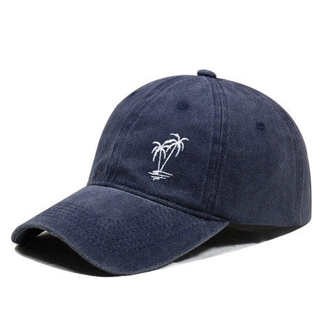 Washed Cotton Baseball Cap With Coconut Tree Embroidery Distressed Soft Top Outdoor Sun Hat Adjustable Unisex Casual Style