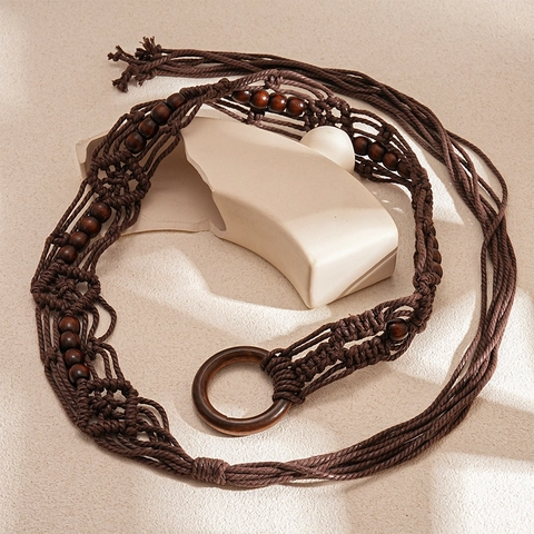 Vintage Bohemian Braided Waist Chain Belt Women Ethnic Style Woven Hemp Rope And Wood Beads Decorative Dress Accessory