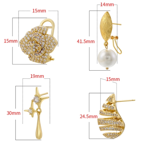 Vintage Brass Stud Earrings With Cubic Zirconia Artificial Pearl Water Drop Starburst Petal Shape Elegant Jewelry Women