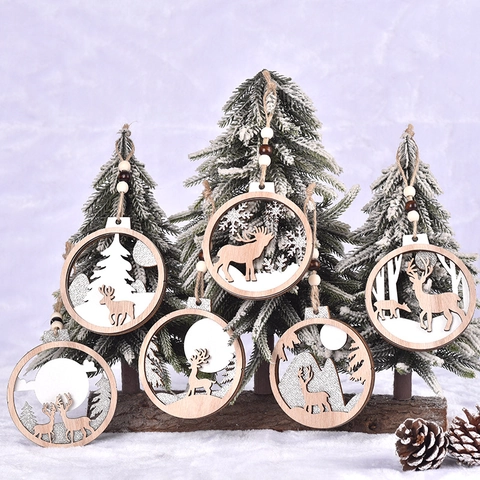 Ornamenti Natalizi In Legno Tondi Cavi Renna Fiocco Di Neve Con Perle Corda Di Canapa Decorazione Albero