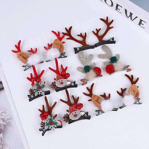 Christmas Reindeer Antler Hair Clips Plush Ears Bells Pom Poms Festive Holiday Headwear Accessories For Kids Girls