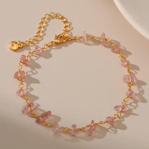 Pulsera Con Piedra Natural Rosa Cadena De Cobre Chapada En Oro De 18K Joyería Estilo Boho Romántico Para Mujeres
