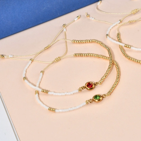 Handmade Woven Rope Adjustable Bracelet With Stainless Steel Beads And Colorful Cubic Zirconia Bohemian Jewelry Women