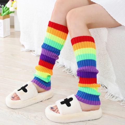 Women Y2K Rainbow Striped Knitted Leg Warmers Academy Style Acrylic Boot Cuffs For Dance Party Cosplay Long Socks Accessory