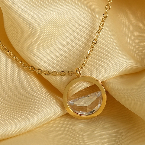 Collar Con Colgante Redondo Minimalista Acero Inoxidable Chapado En Oro 18K Circona Transparente Accesorio Elegante Para Mujer