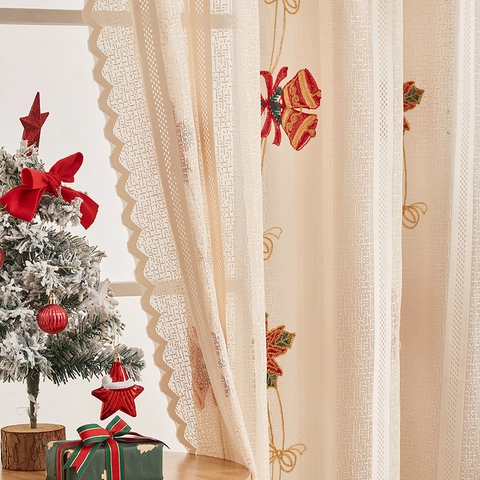 Christmas Embroidered Lace Curtains Semi Transparent Polyester Window Drape Wavy Edge Bell Santa Poinsettia Holiday Decor