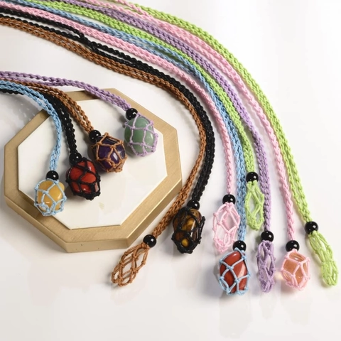 Handmade Woven Stone Holder Necklace Adjustable Mesh Pouch For Crystal Raw Stone Pendant Cage Bohemian Style