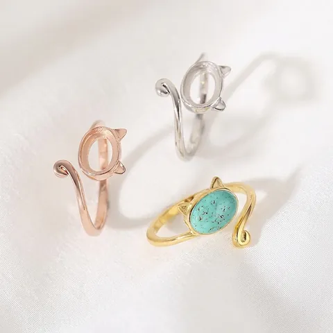 Base Per Anello Aperto Regolabile Orecchie Di Gatto Argento Sterling 925 Placcato Oro 18K Accessorio Gioielli DIY Per Donne