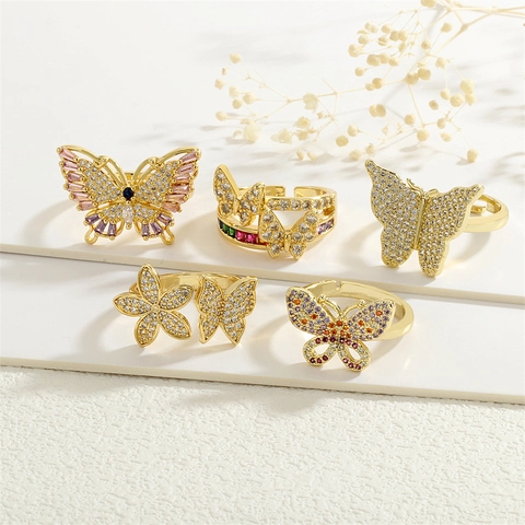 Anello Regolabile Farfalla Rame Placcato Oro Con Zirconia Cubica Colorata Gioielli Eleganti Per Donne