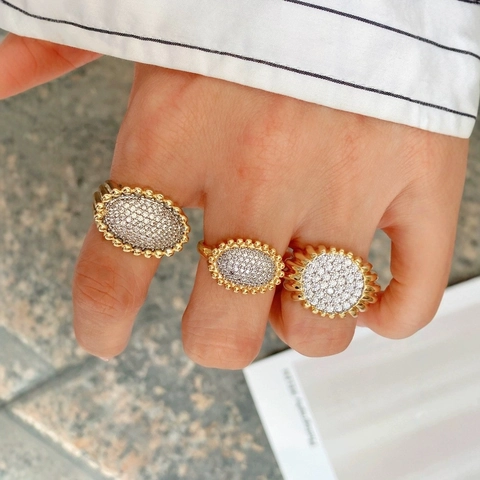 Anello Aperto Geometrico Rame Placcato Oro Zirconia Francese Retrò Regolabile Gioielli Di Moda Donna Accessorio Elegante