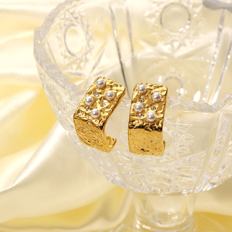 Pendientes De Aro Cuadrados Martillados Acero Inoxidable Chapado En Oro De 18K Con Perla Artificial Sintética Strass Joyería Geométrica Mujer