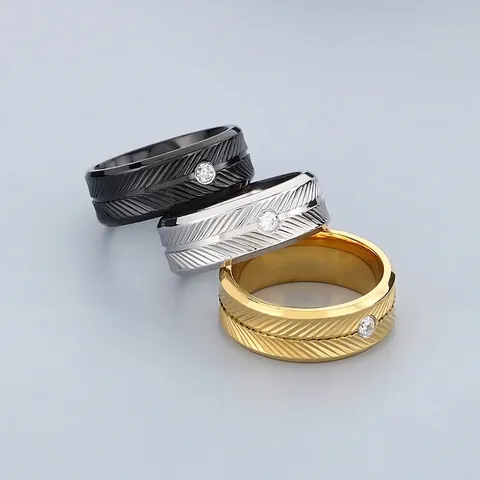 Anillo De Acero Inoxidable Con Textura De Pluma E Incrustaciones De Zirconia Joyería Punk De Moda Para Hombres Y Unisex