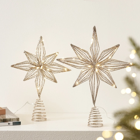 LED Lighted Christmas Tree Topper Star Iron Glitter Octagonal Star Decoration Battery Operated Festive Holiday Ornament