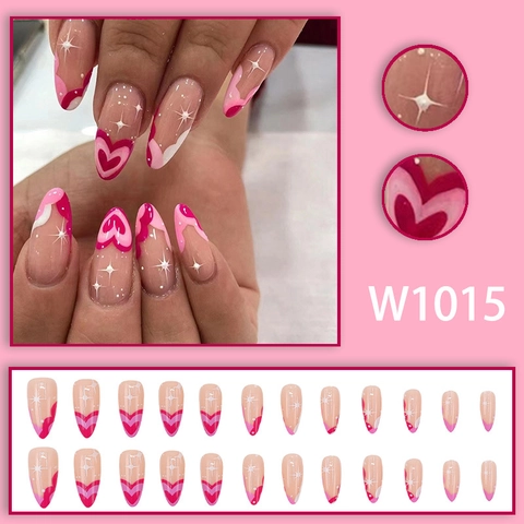 Press On Nails Almond Shape Pink Heart Pattern Wavy Lines Starburst Design Glossy Fashion For Women