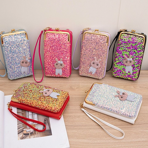 Shiny Sequin Crossbody Phone Bag Women Chic Cartoon Bunny Kiss Lock Clasp Purse Removable Shoulder Strap Sweet