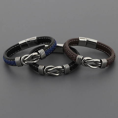 Herren Mehrlagiges Geflochtenes Lederarmband Edelstahl Knoten Magnetverschluss Punk Vintage Modeschmuck Accessoire