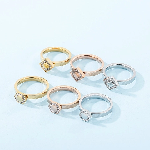 Anillo Geométrico Hexágono Cuadrado De Acero Inoxidable Con Diamantes De Imitación Transparentes Joyería Minimalista Para Mujeres