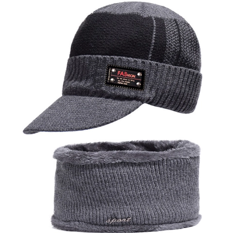 Winter Beanie Muts En Sjaal Fleece Gevoerd Warme Gebreide Pet Met Klep Voor Heren Outdoor Winddicht Verdikt Accessoires