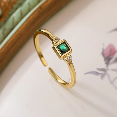 Minimalist Copper Gold Plated Rhinestone Geometric Open Ring For Women Adjustable Square Gemstone Fashion Finger Jewelry