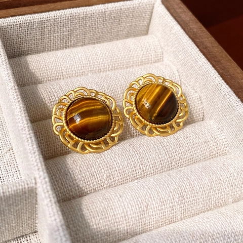 Vintage Round Tiger Eye Gemstone Stud Earrings With Hollow Golden Alloy Lace And Silver Earring Post For Women